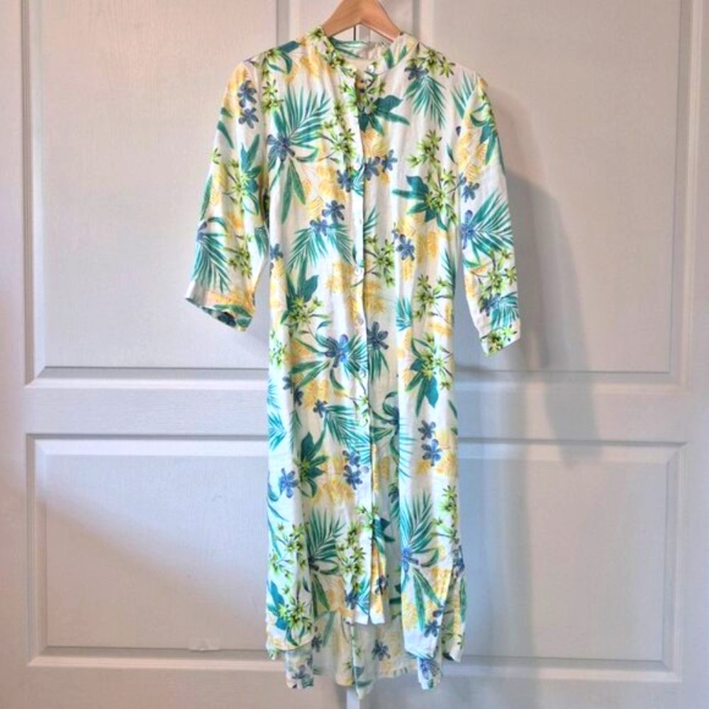 Tropical Print Button-Up Dress w/ Tie Waist & Ruffle Hem | Size M
